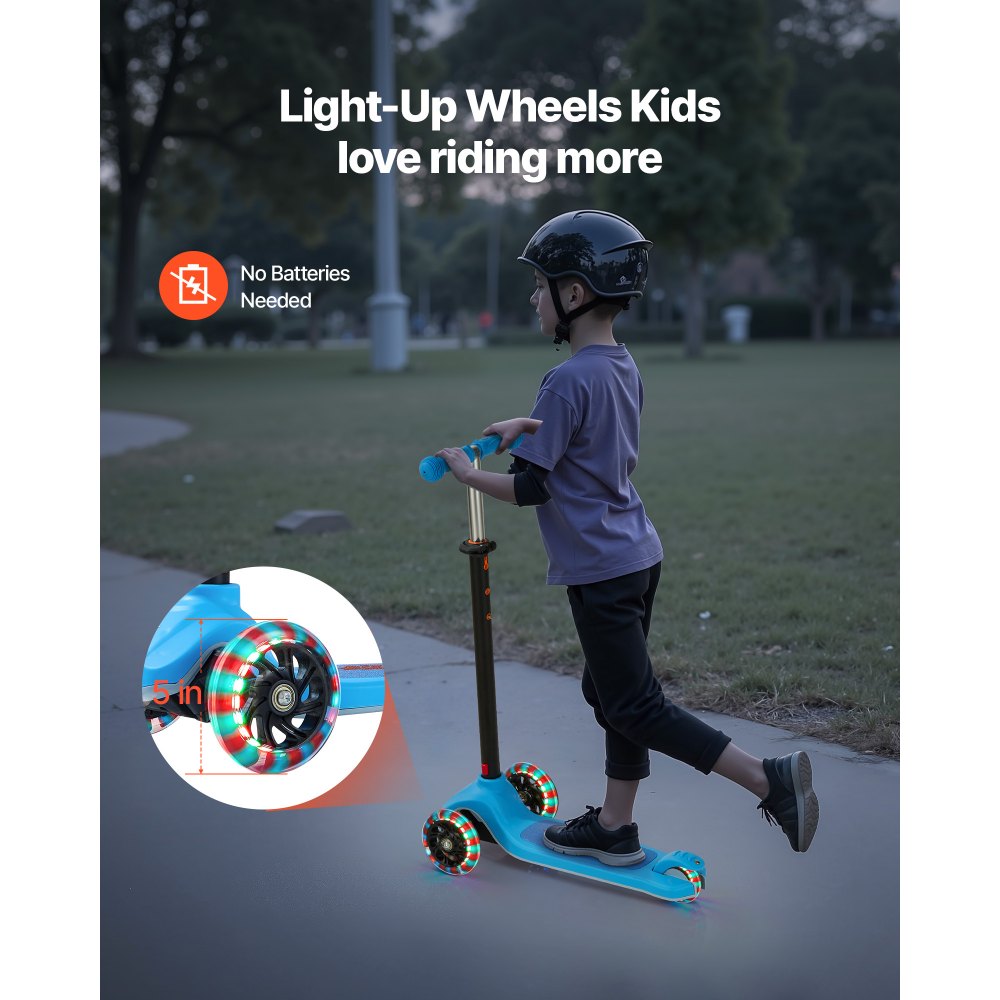 VEVOR Patinete 3 Ruedas, para Niños de 3 Años en Adelante, Ruedas Iluminadas, Manillar de Altura Ajustable, Base Antideslizante y Cuadro de Aluminio Ligero, hasta 75 kg, Azul, 520 x 250 x 800 mm