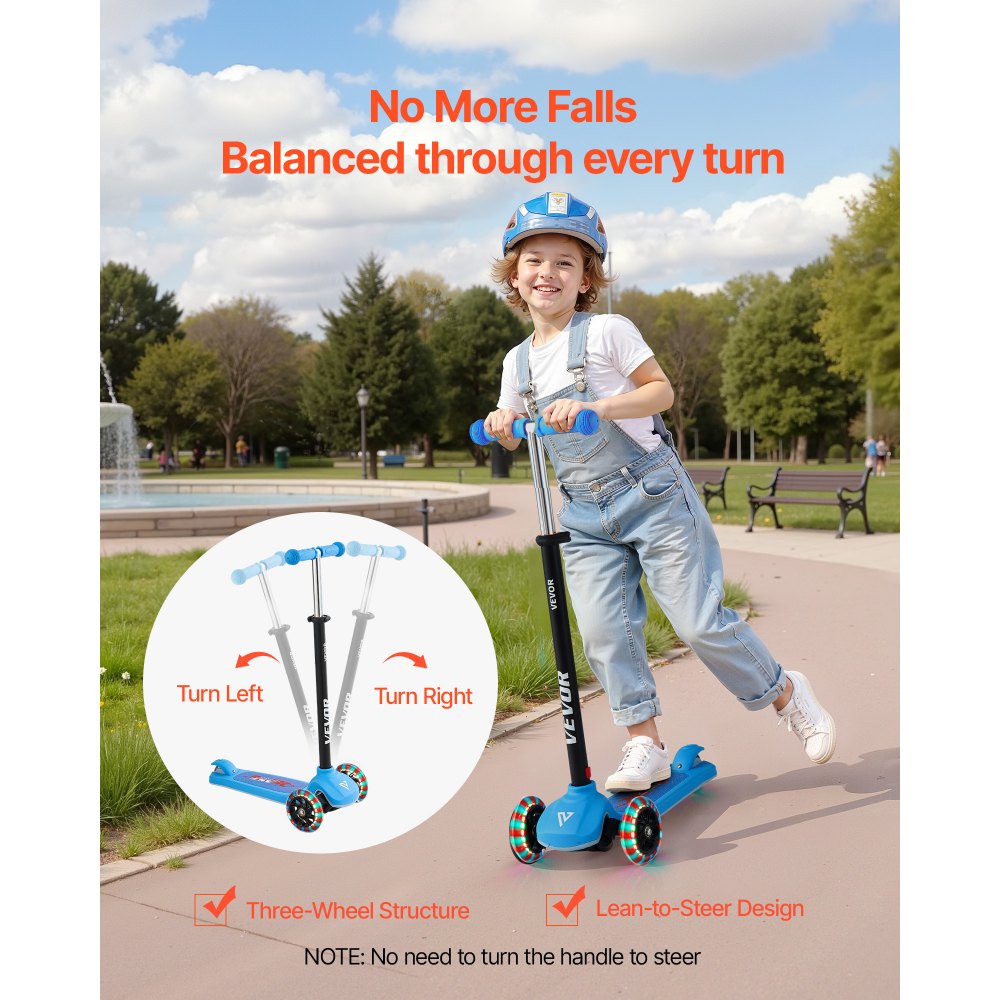 VEVOR Patinete 3 Ruedas, para Niños de 3 Años en Adelante, Ruedas Iluminadas, Manillar de Altura Ajustable, Base Antideslizante y Cuadro de Aluminio Ligero, hasta 75 kg, Azul, 520 x 250 x 800 mm