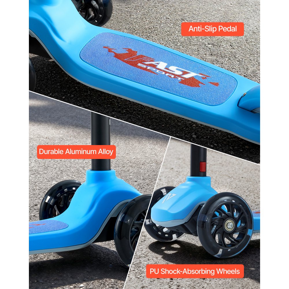 VEVOR Patinete 3 Ruedas, para Niños de 3 Años en Adelante, Ruedas Iluminadas, Manillar de Altura Ajustable, Base Antideslizante y Cuadro de Aluminio Ligero, hasta 75 kg, Azul, 520 x 250 x 800 mm