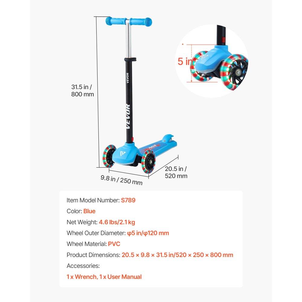 VEVOR Patinete 3 Ruedas, para Niños de 3 Años en Adelante, Ruedas Iluminadas, Manillar de Altura Ajustable, Base Antideslizante y Cuadro de Aluminio Ligero, hasta 75 kg, Azul, 520 x 250 x 800 mm