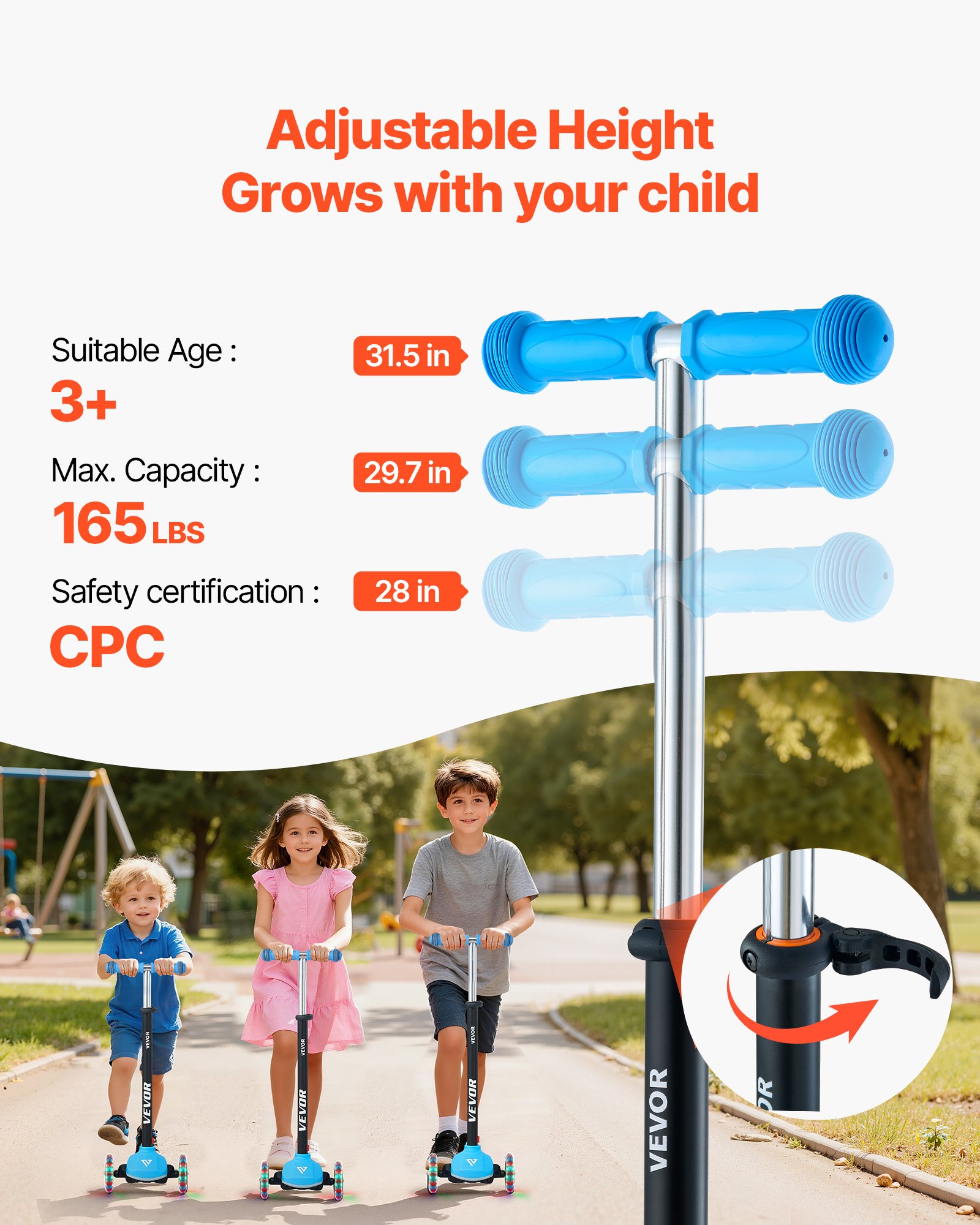 VEVOR Patinete 3 Ruedas, para Niños de 3 Años en Adelante, Ruedas Iluminadas, Manillar de Altura Ajustable, Base Antideslizante y Cuadro de Aluminio Ligero, hasta 75 kg, Azul, 520 x 250 x 800 mm
