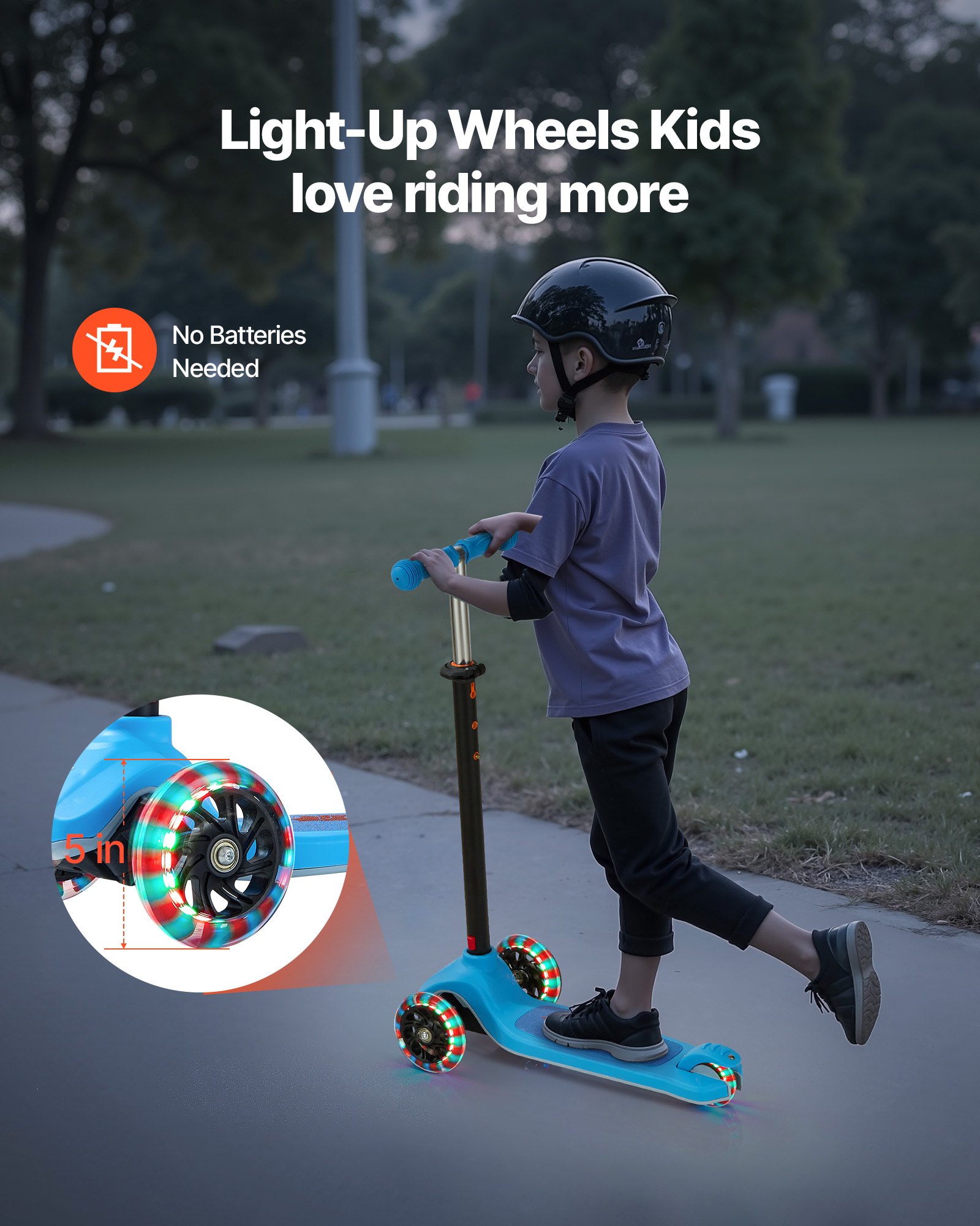 VEVOR Patinete 3 Ruedas, para Niños de 3 Años en Adelante, Ruedas Iluminadas, Manillar de Altura Ajustable, Base Antideslizante y Cuadro de Aluminio Ligero, hasta 75 kg, Azul, 520 x 250 x 800 mm