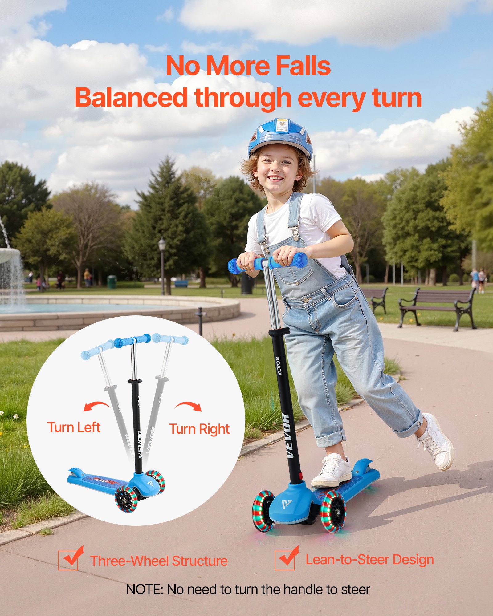 VEVOR Patinete 3 Ruedas, para Niños de 3 Años en Adelante, Ruedas Iluminadas, Manillar de Altura Ajustable, Base Antideslizante y Cuadro de Aluminio Ligero, hasta 75 kg, Azul, 520 x 250 x 800 mm