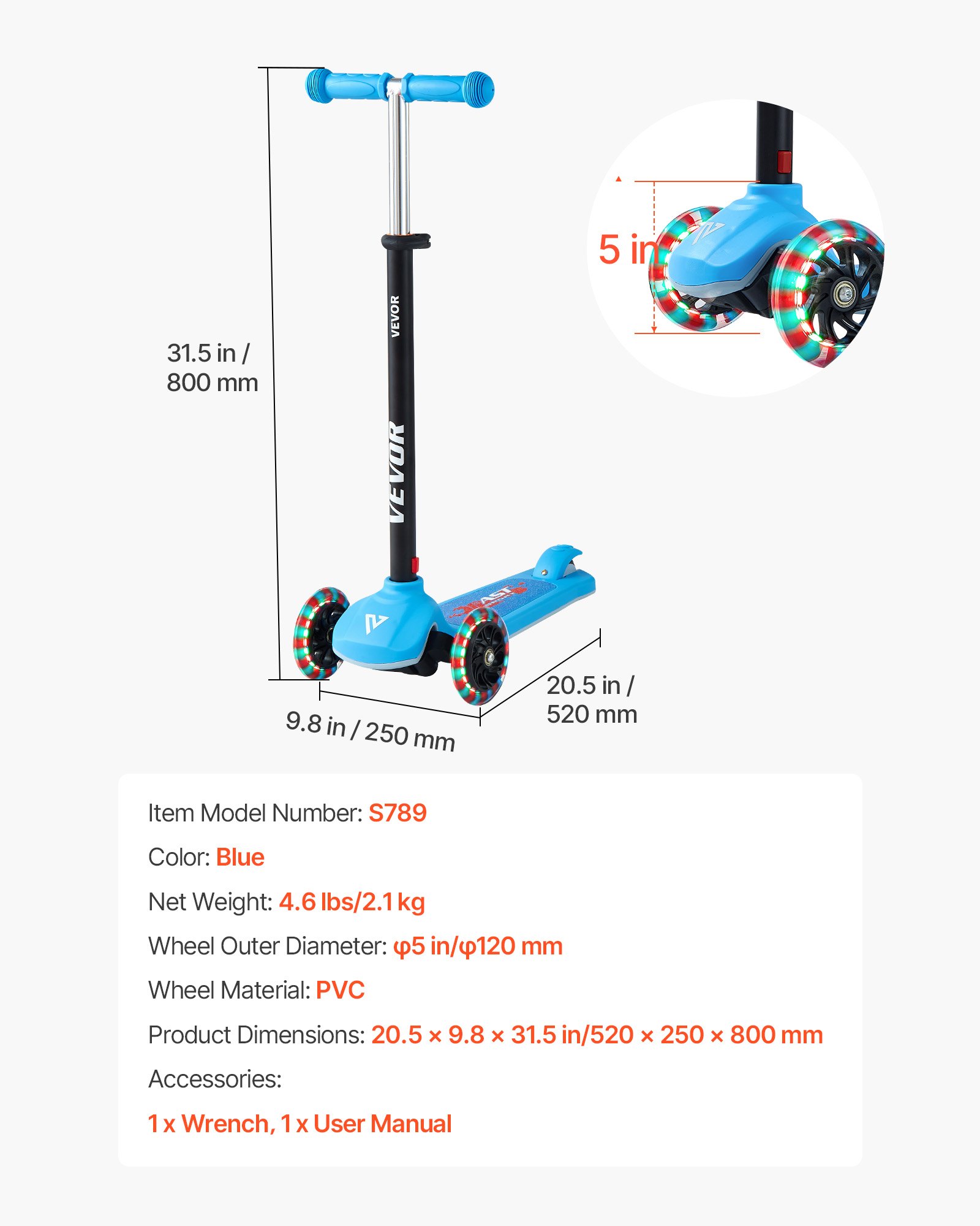 VEVOR Patinete 3 Ruedas, para Niños de 3 Años en Adelante, Ruedas Iluminadas, Manillar de Altura Ajustable, Base Antideslizante y Cuadro de Aluminio Ligero, hasta 75 kg, Azul, 520 x 250 x 800 mm
