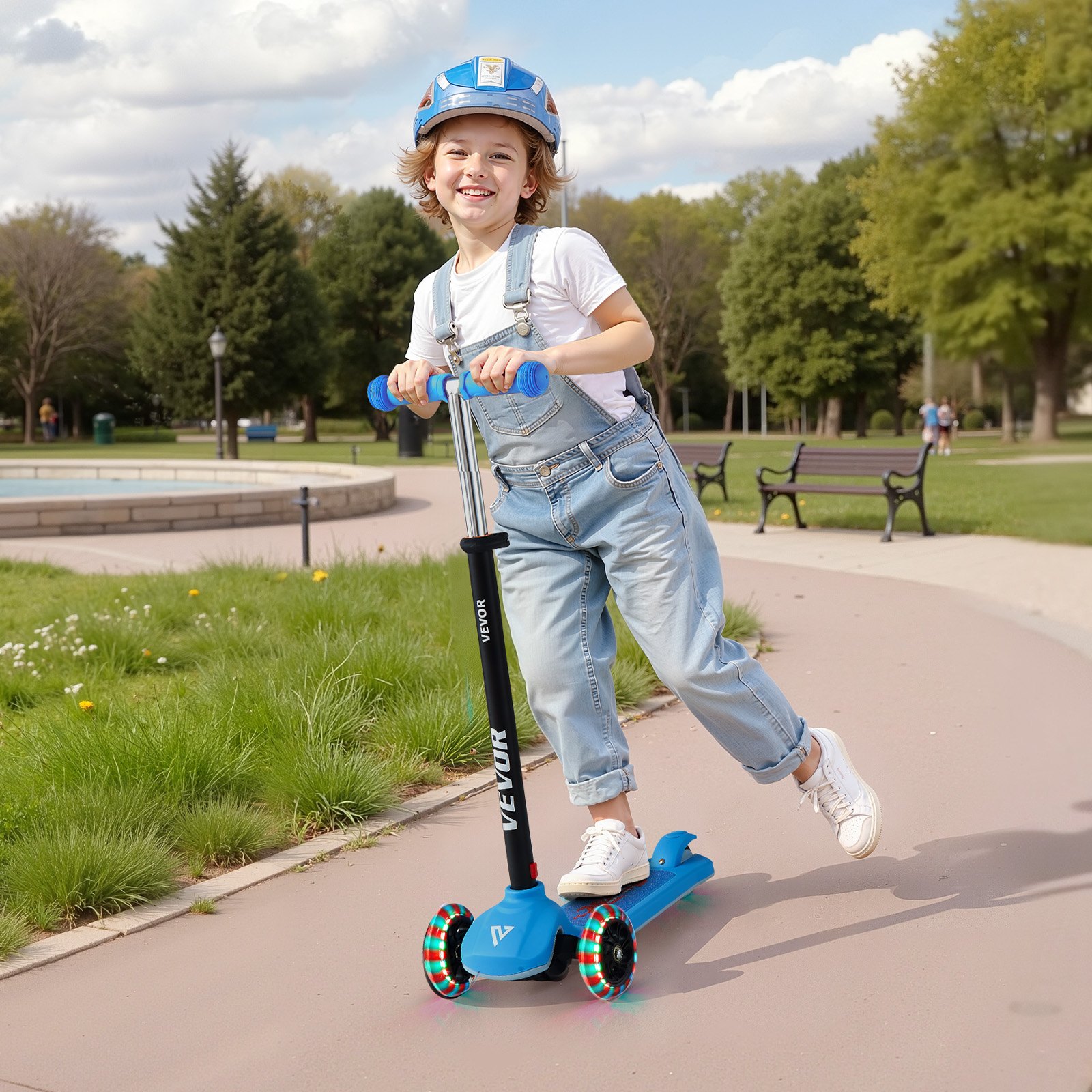 VEVOR Patinete 3 Ruedas, para Niños de 3 Años en Adelante, Ruedas Iluminadas, Manillar de Altura Ajustable, Base Antideslizante y Cuadro de Aluminio Ligero, hasta 75 kg, Azul, 520 x 250 x 800 mm