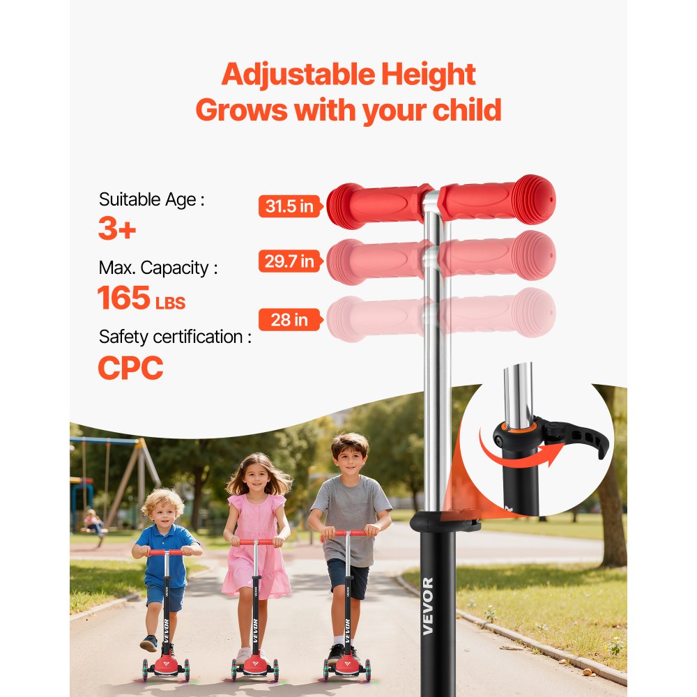 VEVOR Patinete 3 Ruedas, para Niños de 3 Años en Adelante, Ruedas Iluminadas, Manillar de Altura Ajustable, Base Antideslizante y Cuadro de Aluminio Ligero, hasta 75 kg, Rojo, 520 x 250 x 800 mm