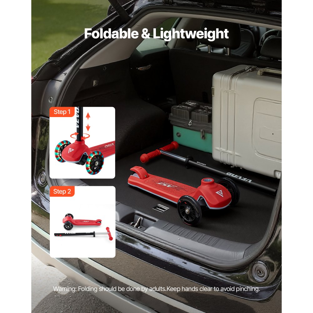 VEVOR Patinete 3 Ruedas, para Niños de 3 Años en Adelante, Ruedas Iluminadas, Manillar de Altura Ajustable, Base Antideslizante y Cuadro de Aluminio Ligero, hasta 75 kg, Rojo, 520 x 250 x 800 mm