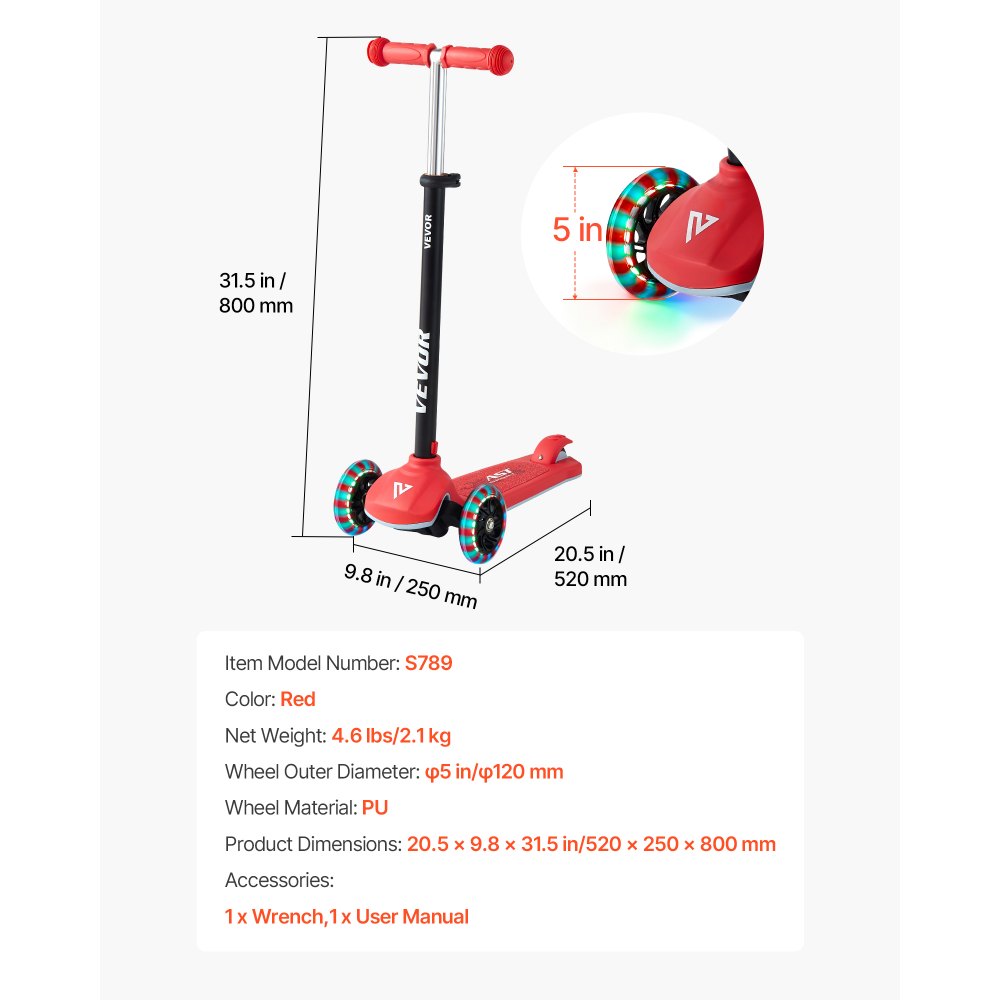 VEVOR Patinete 3 Ruedas, para Niños de 3 Años en Adelante, Ruedas Iluminadas, Manillar de Altura Ajustable, Base Antideslizante y Cuadro de Aluminio Ligero, hasta 75 kg, Rojo, 520 x 250 x 800 mm