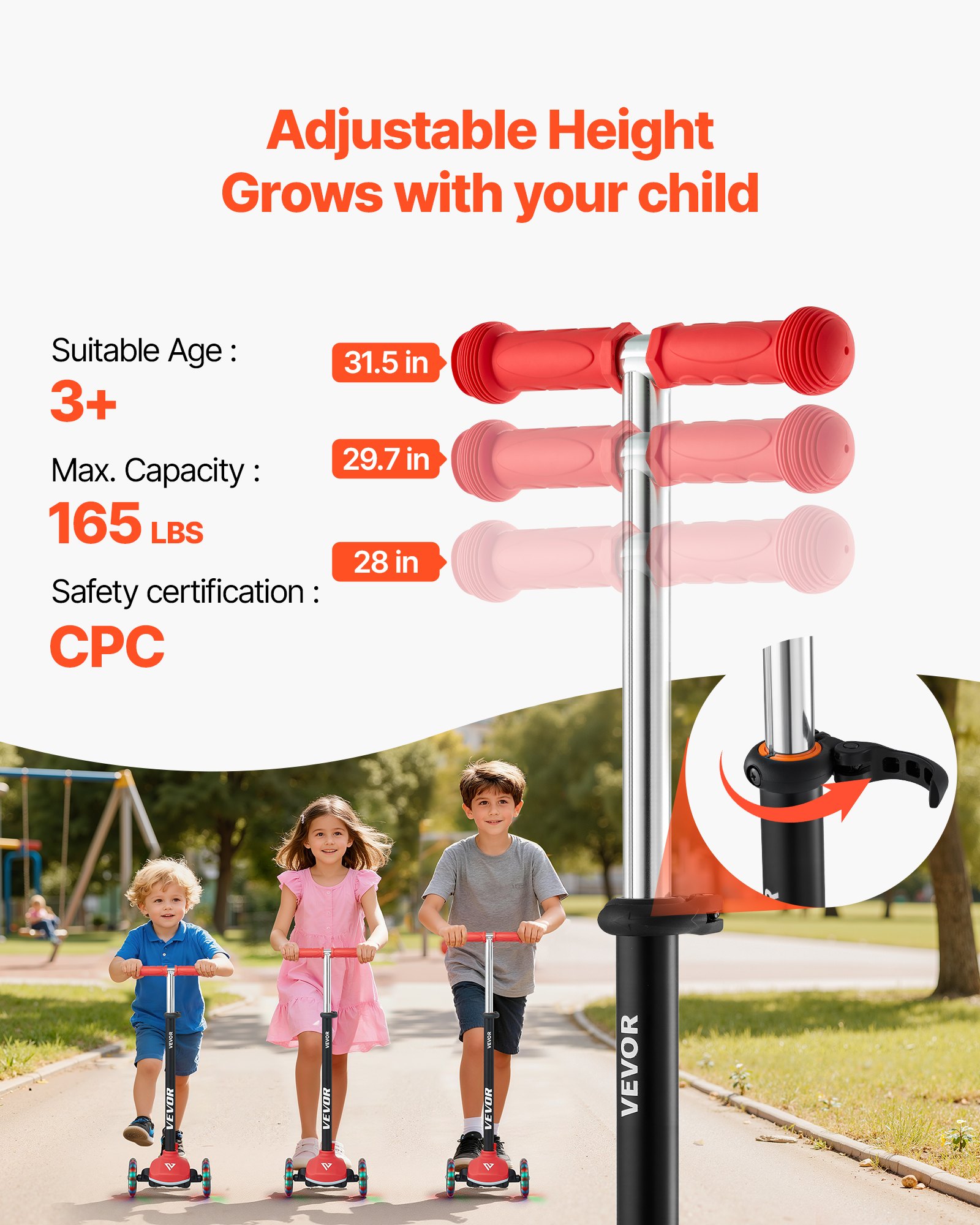 VEVOR Patinete 3 Ruedas, para Niños de 3 Años en Adelante, Ruedas Iluminadas, Manillar de Altura Ajustable, Base Antideslizante y Cuadro de Aluminio Ligero, hasta 75 kg, Rojo, 520 x 250 x 800 mm