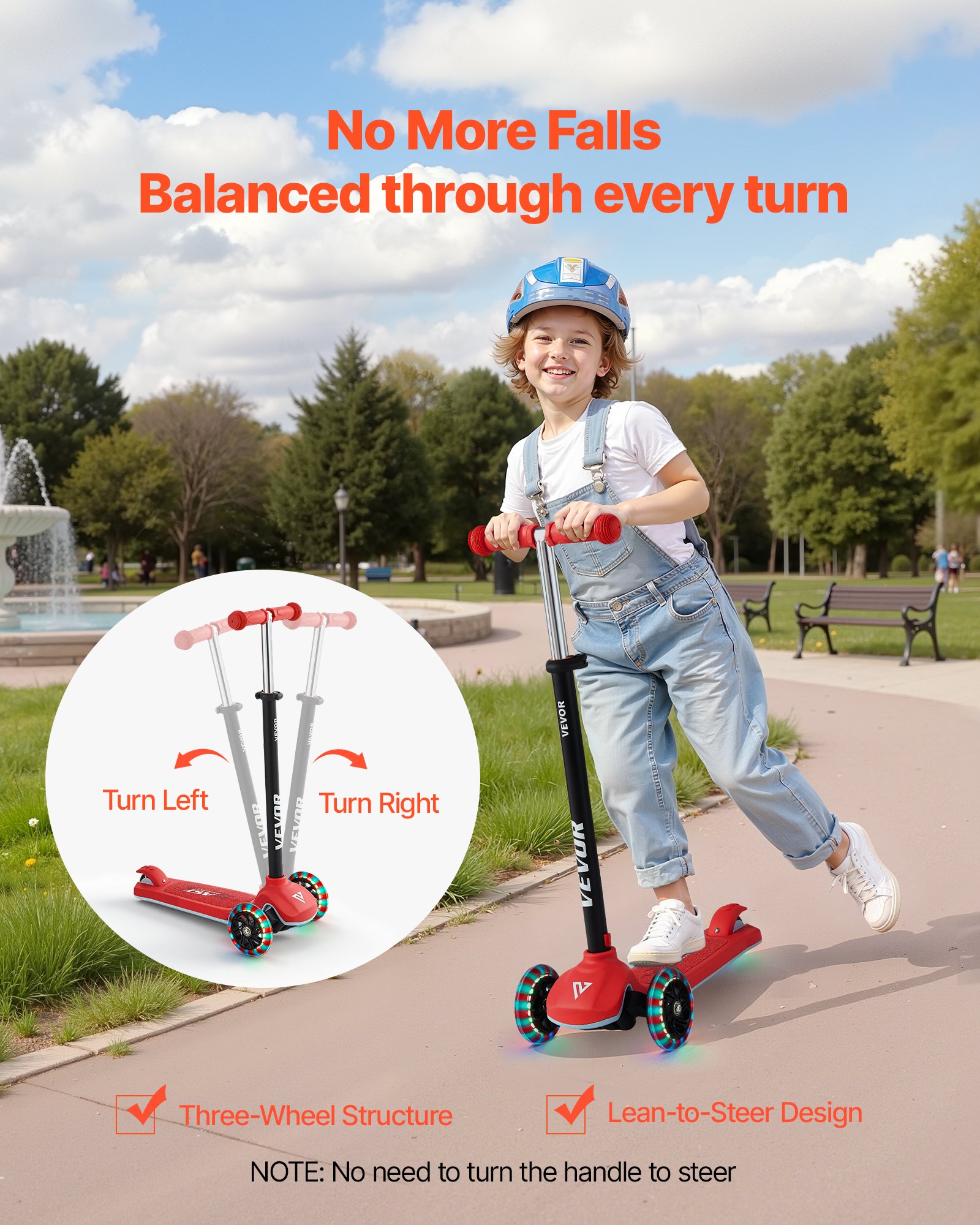 VEVOR Patinete 3 Ruedas, para Niños de 3 Años en Adelante, Ruedas Iluminadas, Manillar de Altura Ajustable, Base Antideslizante y Cuadro de Aluminio Ligero, hasta 75 kg, Rojo, 520 x 250 x 800 mm