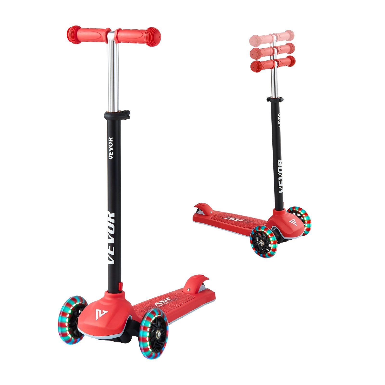 VEVOR Patinete 3 Ruedas, para Niños de 3 Años en Adelante, Ruedas Iluminadas, Manillar de Altura Ajustable, Base Antideslizante y Cuadro de Aluminio Ligero, hasta 75 kg, Rojo, 520 x 250 x 800 mm