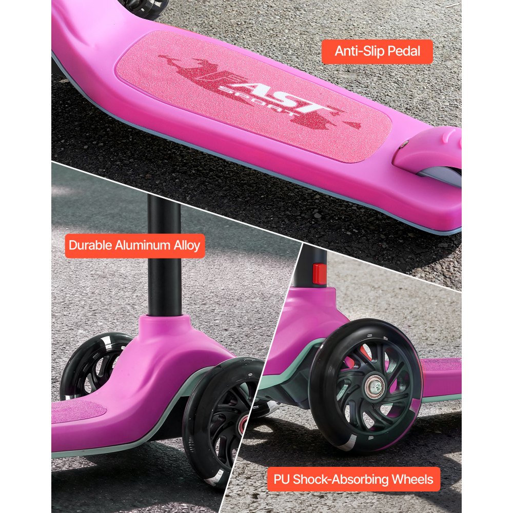 VEVOR Patinete 3 Ruedas, para Niños de 3 Años en Adelante, Ruedas Iluminadas, Manillar de Altura Ajustable, Base Antideslizante y Cuadro de Aluminio Ligero, hasta 75 kg, Rosa, 520 x 250 x 800 mm