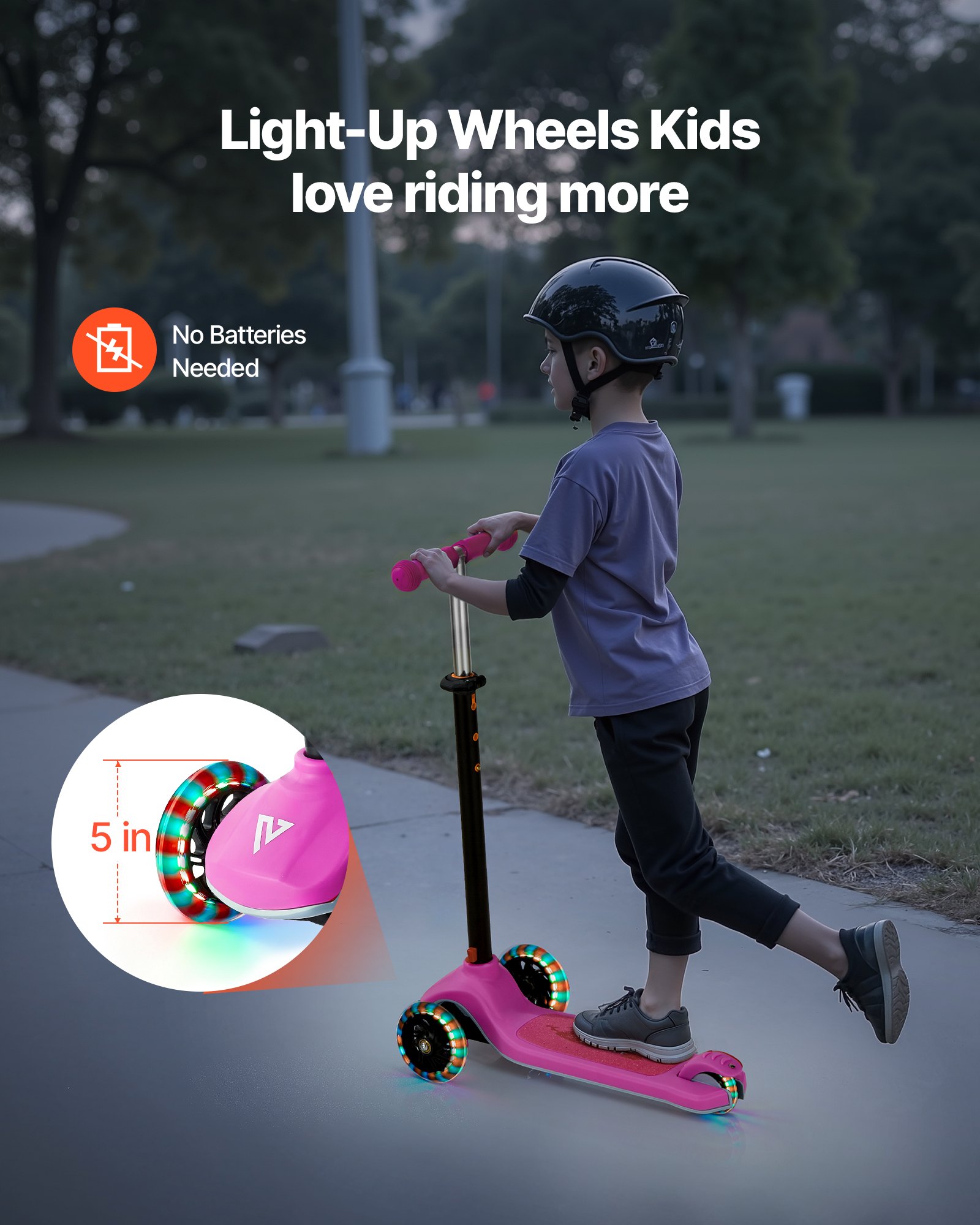 VEVOR Patinete 3 Ruedas, para Niños de 3 Años en Adelante, Ruedas Iluminadas, Manillar de Altura Ajustable, Base Antideslizante y Cuadro de Aluminio Ligero, hasta 75 kg, Rosa, 520 x 250 x 800 mm