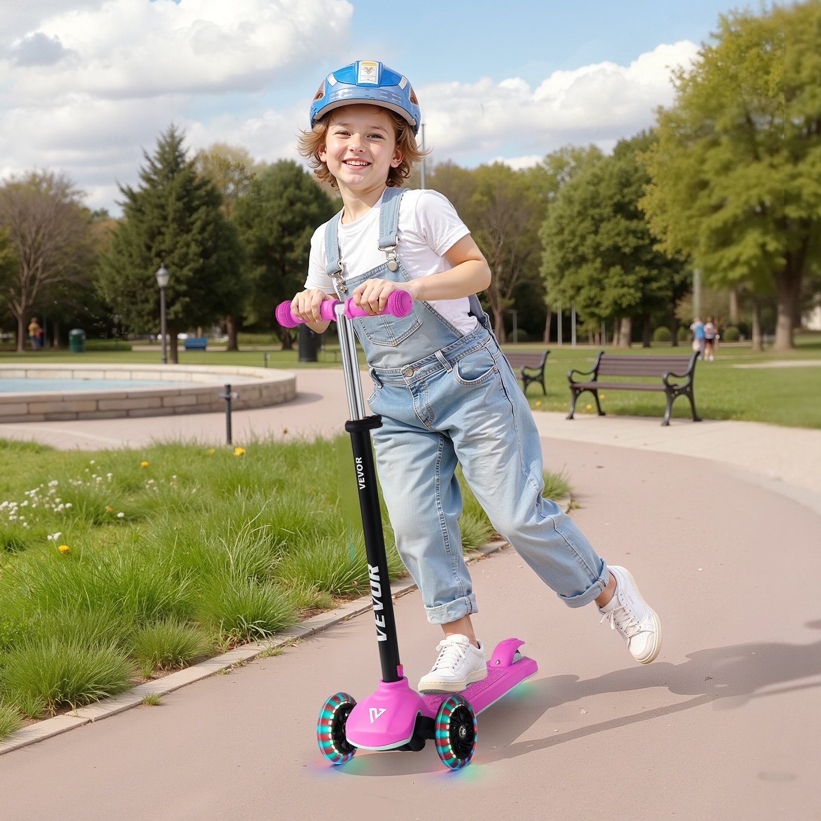 VEVOR Patinete 3 Ruedas, para Niños de 3 Años en Adelante, Ruedas Iluminadas, Manillar de Altura Ajustable, Base Antideslizante y Cuadro de Aluminio Ligero, hasta 75 kg, Rosa, 520 x 250 x 800 mm