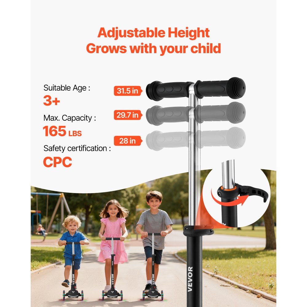 VEVOR Patinete 3 Ruedas, para Niños de 3 Años en Adelante, Ruedas Iluminadas, Manillar de Altura Ajustable, Base Antideslizante y Cuadro de Aluminio Ligero, hasta 75 kg, Negro, 520 x 250 x 800 mm