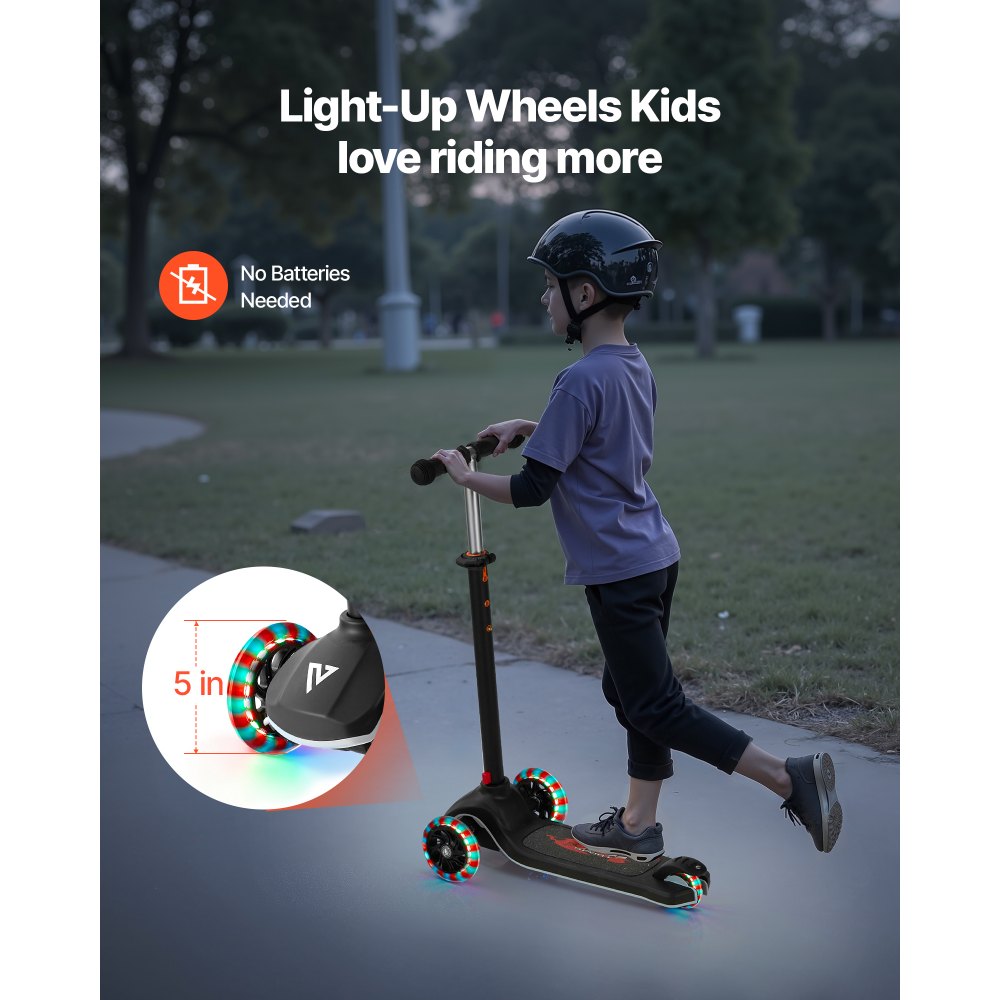 VEVOR Patinete 3 Ruedas, para Niños de 3 Años en Adelante, Ruedas Iluminadas, Manillar de Altura Ajustable, Base Antideslizante y Cuadro de Aluminio Ligero, hasta 75 kg, Negro, 520 x 250 x 800 mm