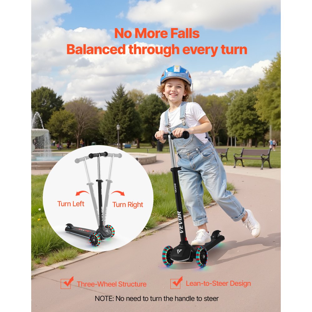 VEVOR Patinete 3 Ruedas, para Niños de 3 Años en Adelante, Ruedas Iluminadas, Manillar de Altura Ajustable, Base Antideslizante y Cuadro de Aluminio Ligero, hasta 75 kg, Negro, 520 x 250 x 800 mm