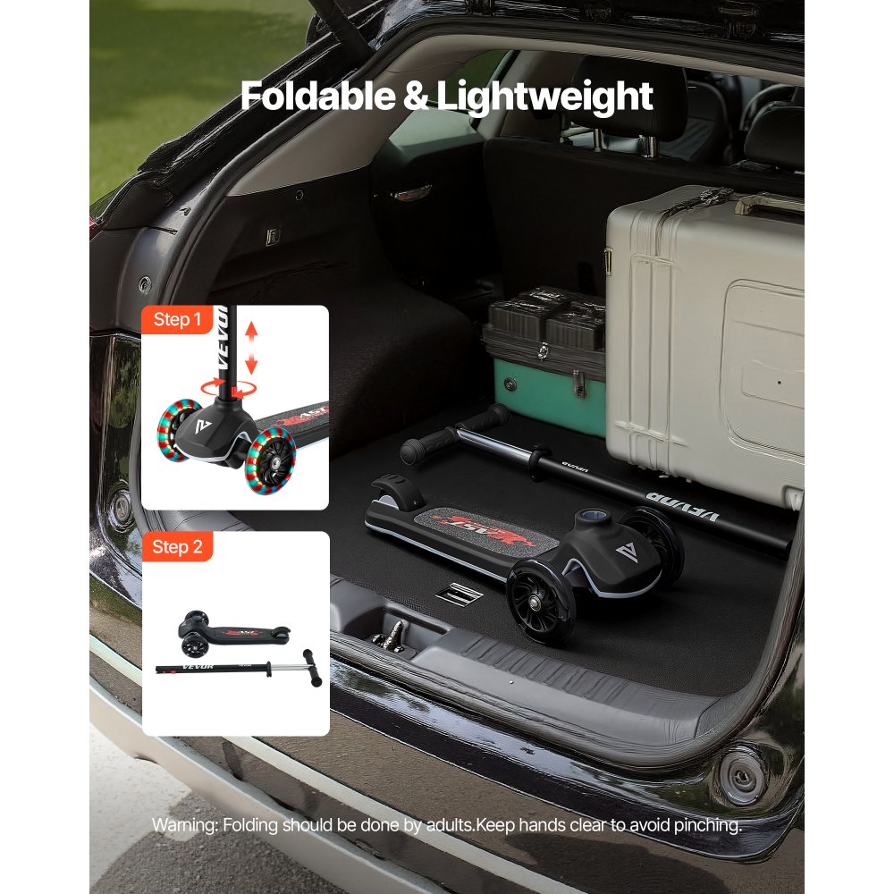 VEVOR Patinete 3 Ruedas, para Niños de 3 Años en Adelante, Ruedas Iluminadas, Manillar de Altura Ajustable, Base Antideslizante y Cuadro de Aluminio Ligero, hasta 75 kg, Negro, 520 x 250 x 800 mm