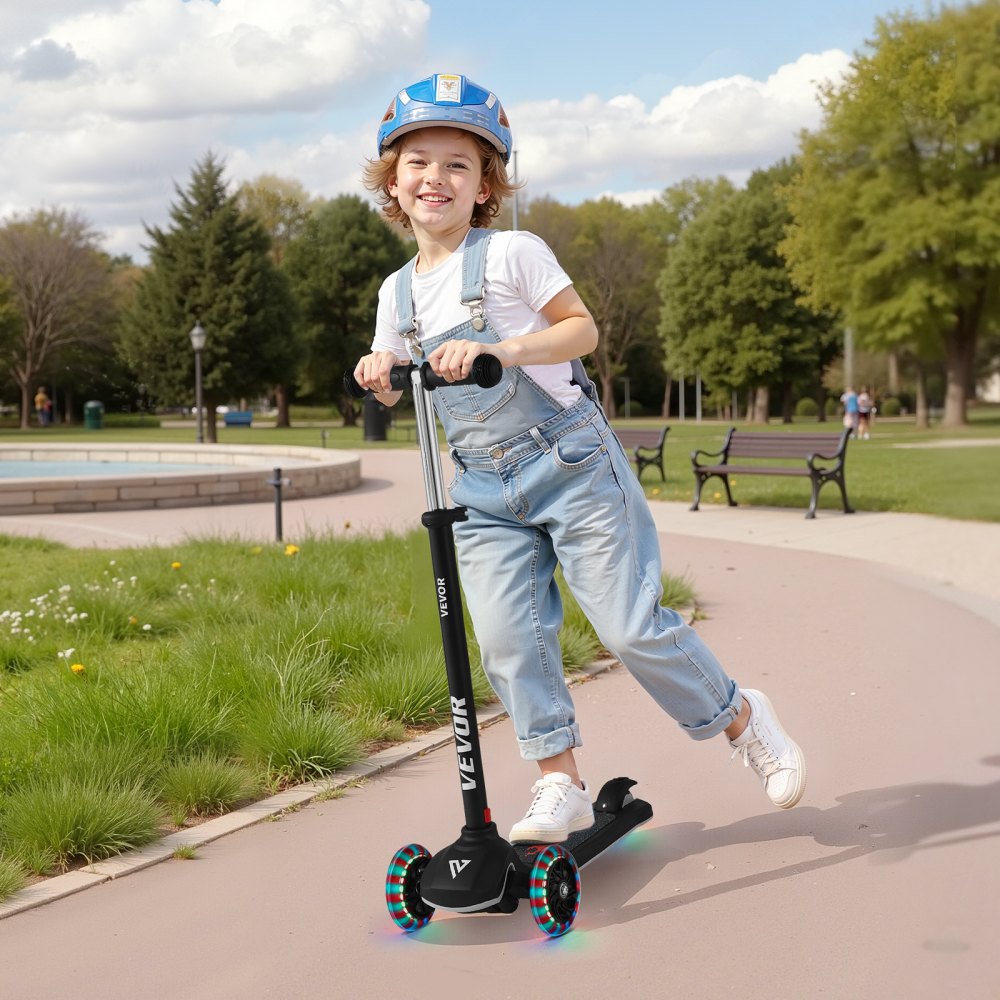 VEVOR Patinete 3 Ruedas, para Niños de 3 Años en Adelante, Ruedas Iluminadas, Manillar de Altura Ajustable, Base Antideslizante y Cuadro de Aluminio Ligero, hasta 75 kg, Negro, 520 x 250 x 800 mm