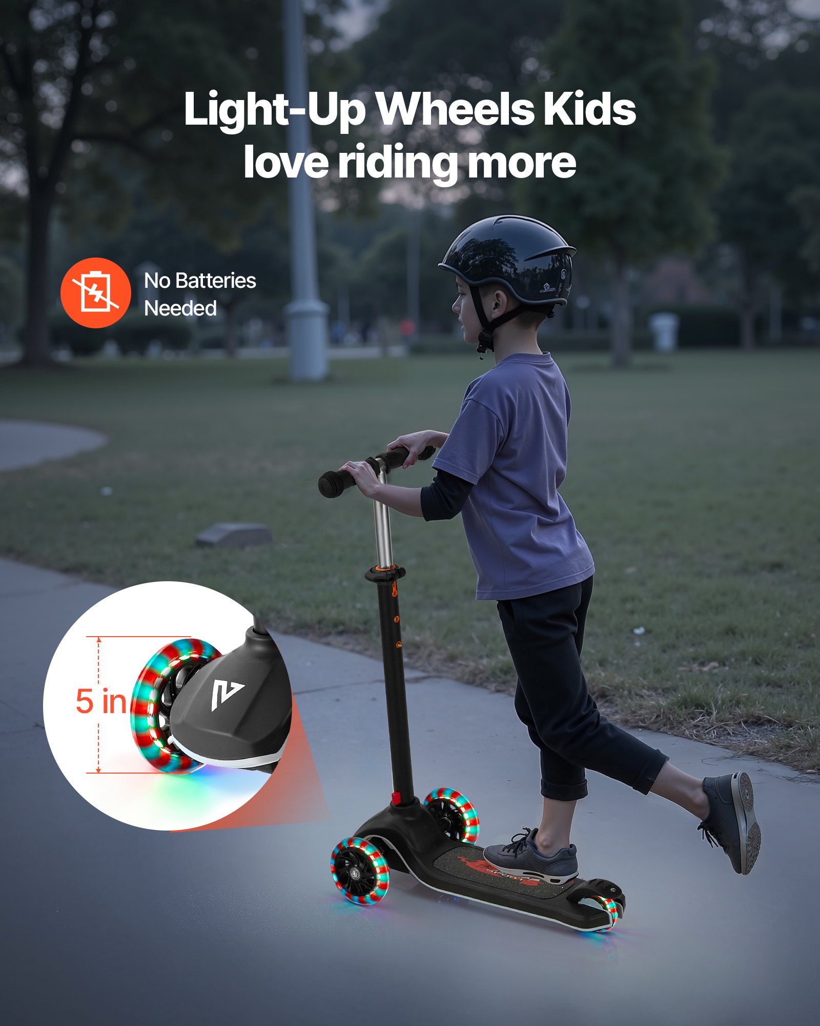 VEVOR Patinete 3 Ruedas, para Niños de 3 Años en Adelante, Ruedas Iluminadas, Manillar de Altura Ajustable, Base Antideslizante y Cuadro de Aluminio Ligero, hasta 75 kg, Negro, 520 x 250 x 800 mm