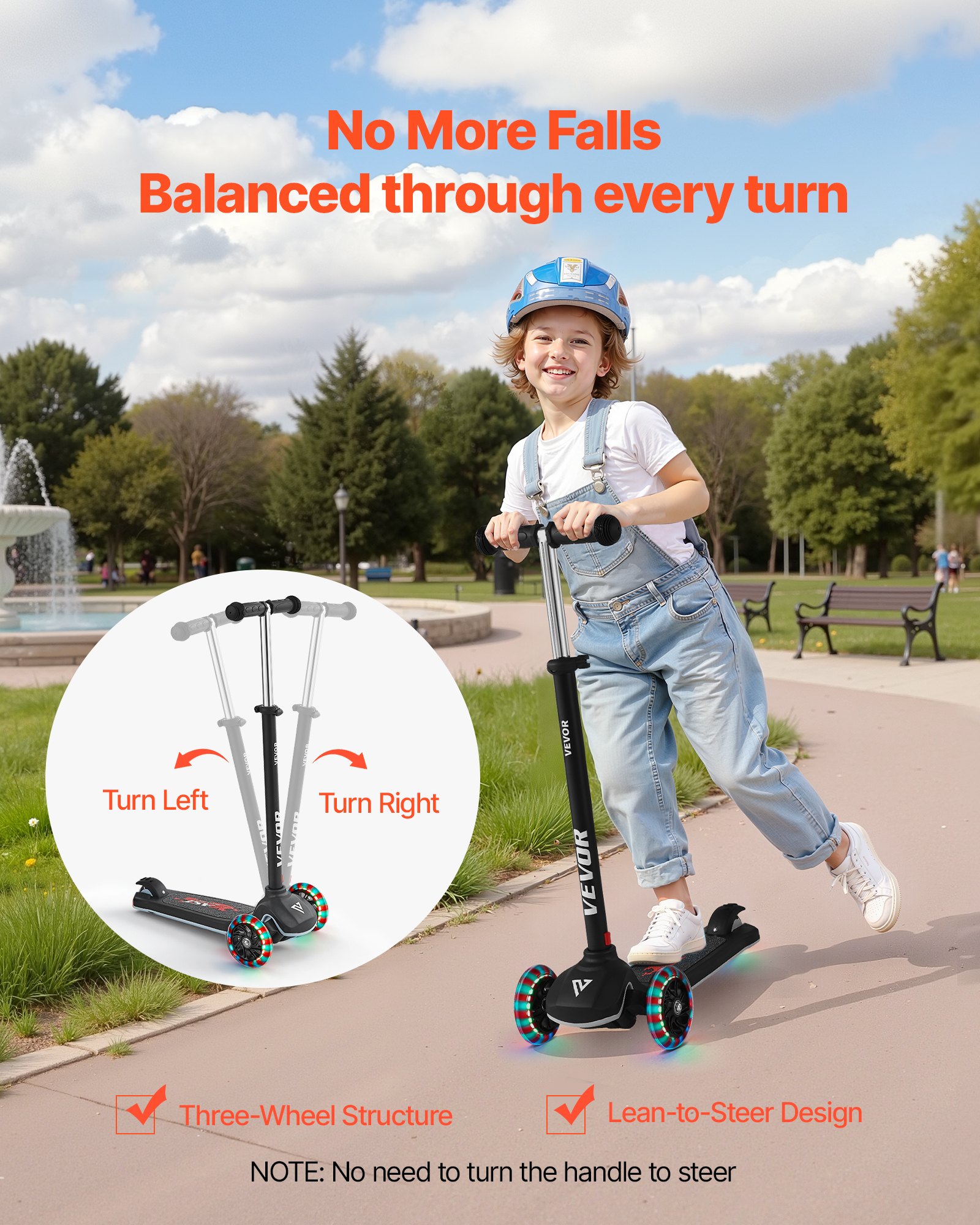 VEVOR Patinete 3 Ruedas, para Niños de 3 Años en Adelante, Ruedas Iluminadas, Manillar de Altura Ajustable, Base Antideslizante y Cuadro de Aluminio Ligero, hasta 75 kg, Negro, 520 x 250 x 800 mm