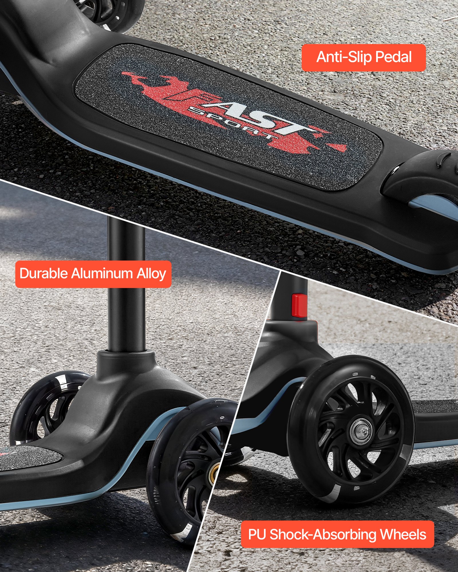 VEVOR Patinete 3 Ruedas, para Niños de 3 Años en Adelante, Ruedas Iluminadas, Manillar de Altura Ajustable, Base Antideslizante y Cuadro de Aluminio Ligero, hasta 75 kg, Negro, 520 x 250 x 800 mm