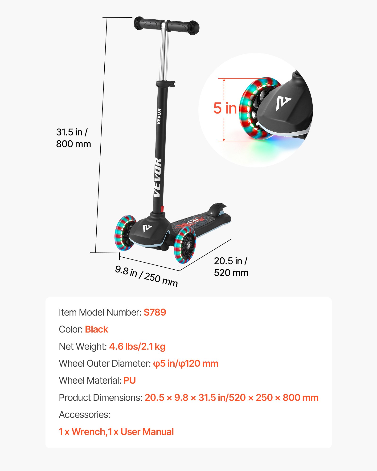 VEVOR Patinete 3 Ruedas, para Niños de 3 Años en Adelante, Ruedas Iluminadas, Manillar de Altura Ajustable, Base Antideslizante y Cuadro de Aluminio Ligero, hasta 75 kg, Negro, 520 x 250 x 800 mm