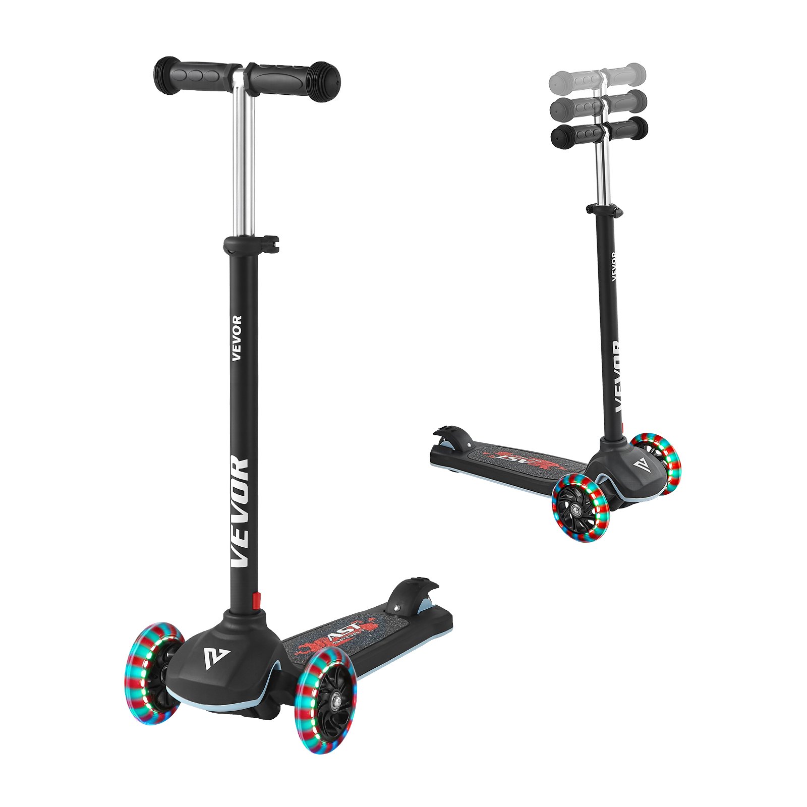 VEVOR Patinete 3 Ruedas, para Niños de 3 Años en Adelante, Ruedas Iluminadas, Manillar de Altura Ajustable, Base Antideslizante y Cuadro de Aluminio Ligero, hasta 75 kg, Negro, 520 x 250 x 800 mm