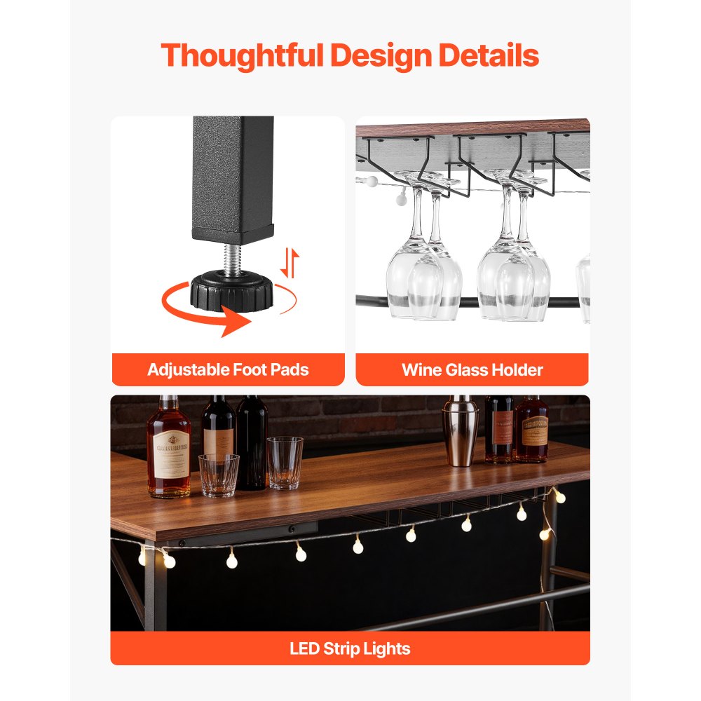 VEVOR Mesa de Bar con Estantes 3 Niveles, Mesa de Bistró en Forma de L, con Estantes de Almacenamiento, Patas Ajustables, Luz LED, Acabado en Nogal y Estructura Metálica, para Hogar, Sala de Estar