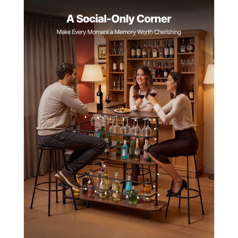 VEVOR Mesa de Bar con Estantes 3 Niveles, Mesa de Bistró en Forma de L, con Estantes de Almacenamiento, Patas Ajustables, Luz LED, Acabado en Nogal y Estructura Metálica, para Hogar, Sala de Estar