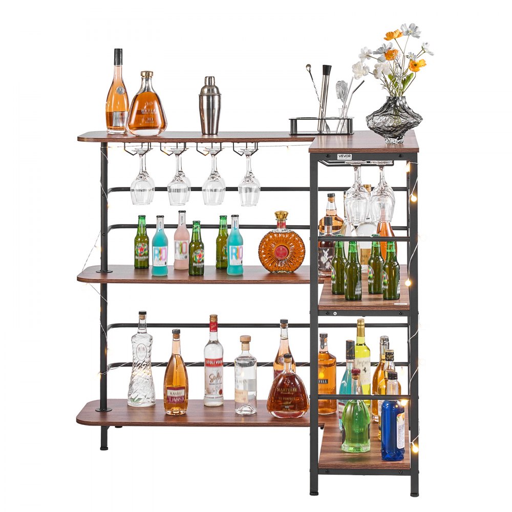 VEVOR Mesa de Bar con Estantes 3 Niveles, Mesa de Bistró en Forma de L, con Estantes de Almacenamiento, Patas Ajustables, Luz LED, Acabado en Nogal y Estructura Metálica, para Hogar, Sala de Estar