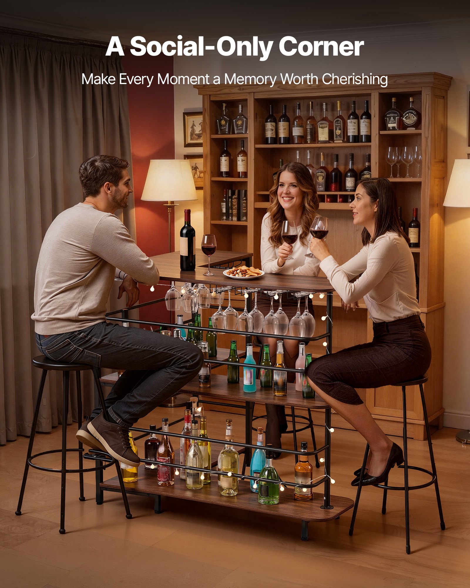 VEVOR Mesa de Bar con Estantes 3 Niveles, Mesa de Bistró en Forma de L, con Estantes de Almacenamiento, Patas Ajustables, Luz LED, Acabado en Nogal y Estructura Metálica, para Hogar, Sala de Estar