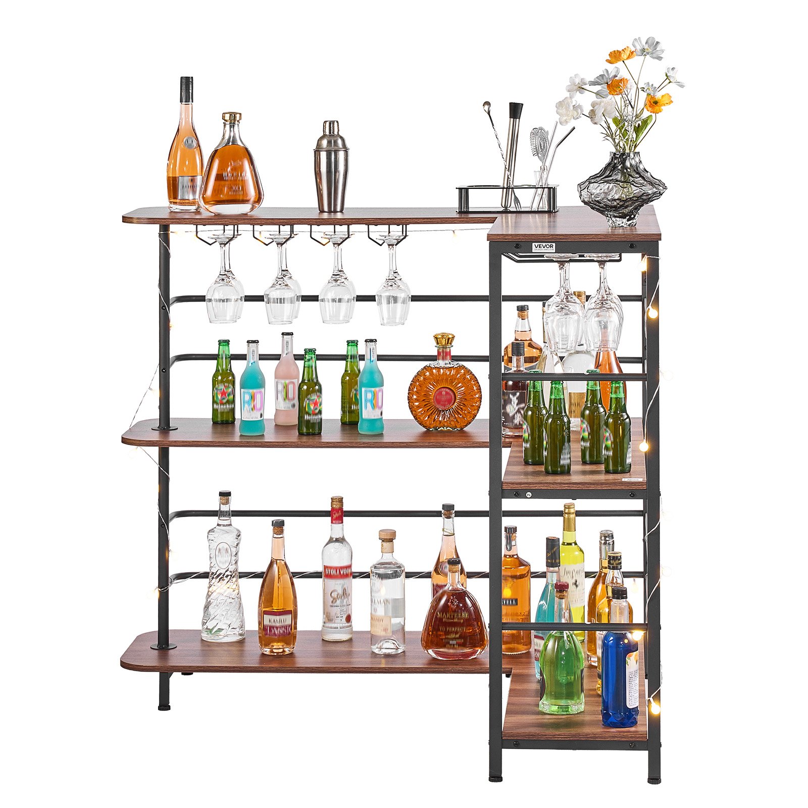 VEVOR Mesa de Bar con Estantes 3 Niveles, Mesa de Bistró en Forma de L, con Estantes de Almacenamiento, Patas Ajustables, Luz LED, Acabado en Nogal y Estructura Metálica, para Hogar, Sala de Estar