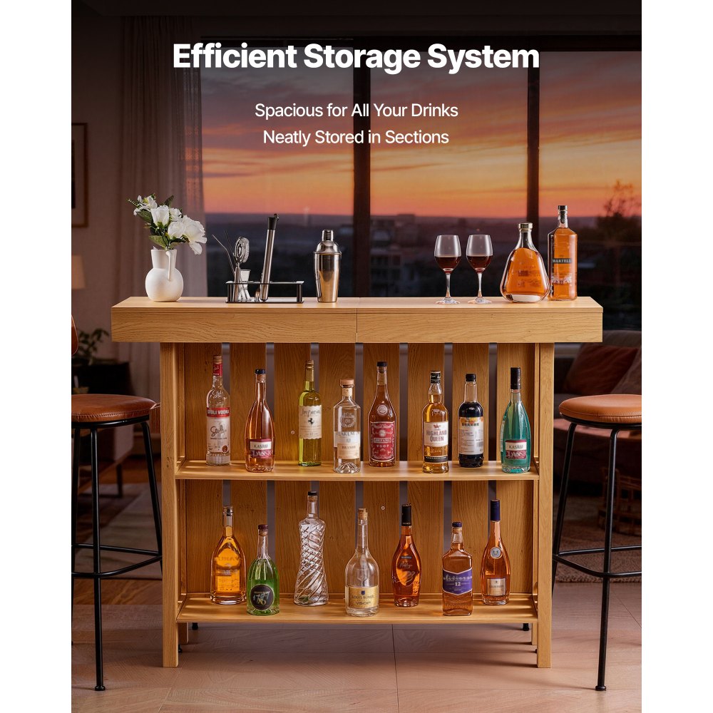 VEVOR Mesa de Bar con Estantes de 3 Niveles, Mesa de Bistró 140 x 39,8 x 105,5 cm, con Estantes de Almacenamiento, Mueble de Bar Capacidad de 81,6 kg, para Hogar, Cocina, Sótano, Sala de Estar