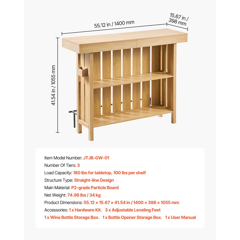 VEVOR Mesa de Bar con Estantes de 3 Niveles, Mesa de Bistró 140 x 39,8 x 105,5 cm, con Estantes de Almacenamiento, Mueble de Bar Capacidad de 81,6 kg, para Hogar, Cocina, Sótano, Sala de Estar