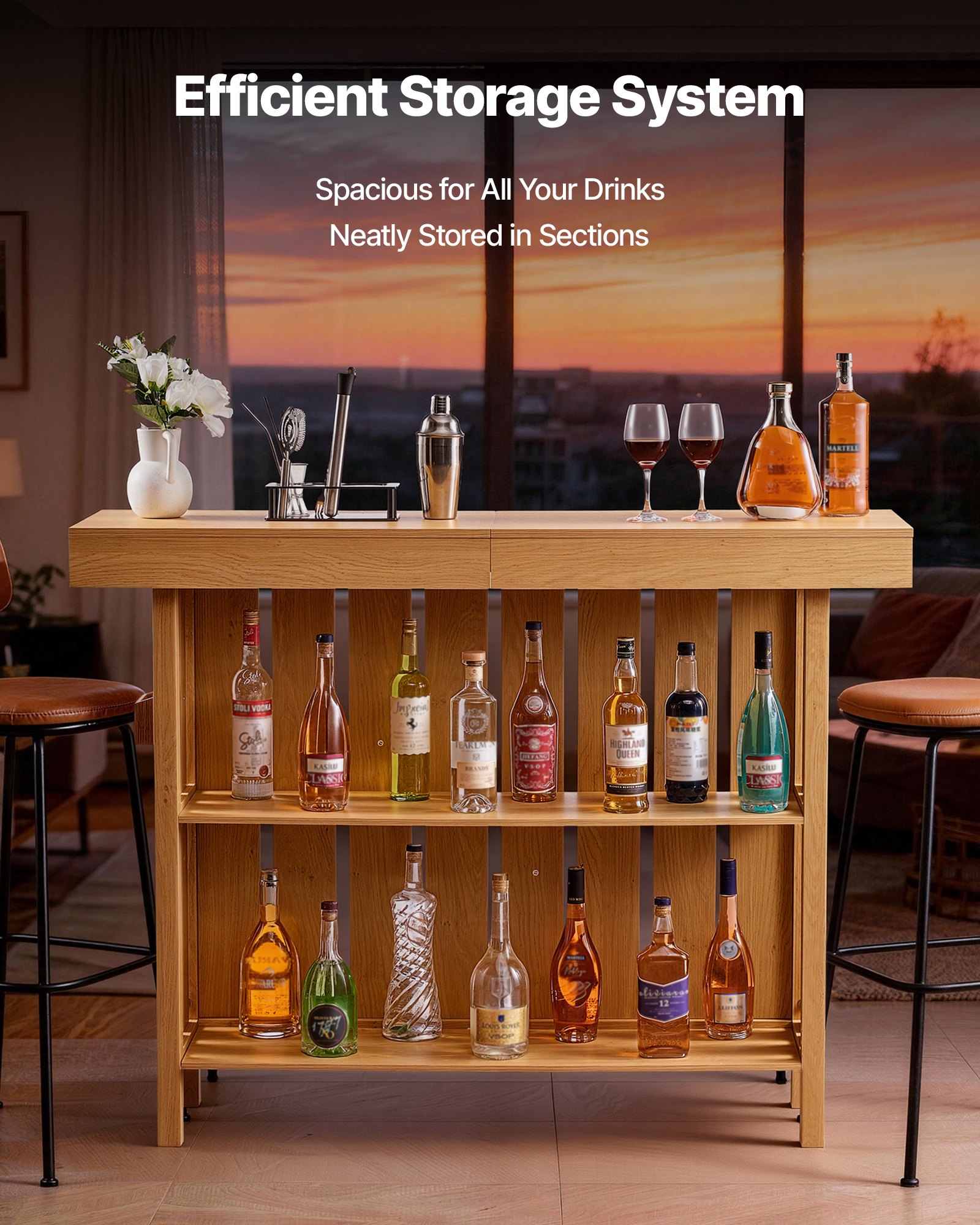 VEVOR Mesa de Bar con Estantes de 3 Niveles, Mesa de Bistró 140 x 39,8 x 105,5 cm, con Estantes de Almacenamiento, Mueble de Bar Capacidad de 81,6 kg, para Hogar, Cocina, Sótano, Sala de Estar