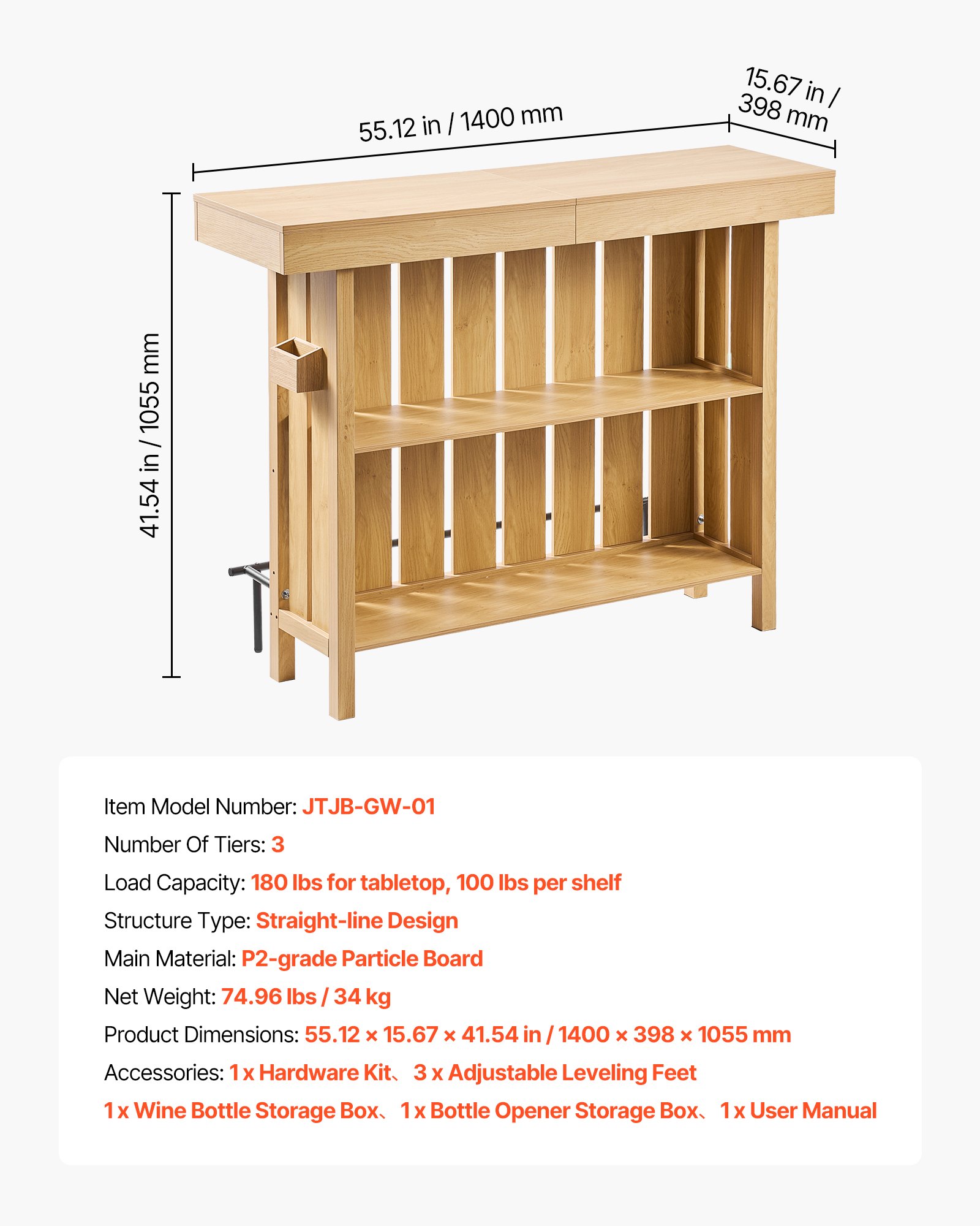VEVOR Mesa de Bar con Estantes de 3 Niveles, Mesa de Bistró 140 x 39,8 x 105,5 cm, con Estantes de Almacenamiento, Mueble de Bar Capacidad de 81,6 kg, para Hogar, Cocina, Sótano, Sala de Estar