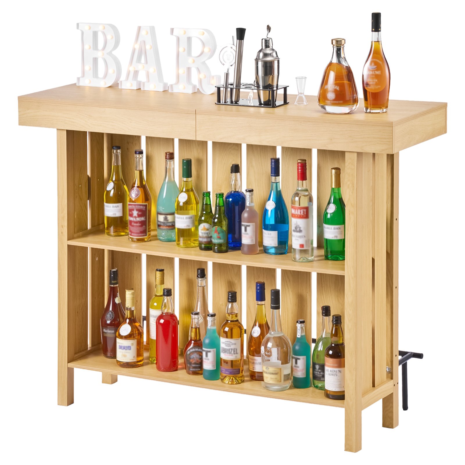 VEVOR Mesa de Bar con Estantes de 3 Niveles, Mesa de Bistró 140 x 39,8 x 105,5 cm, con Estantes de Almacenamiento, Mueble de Bar Capacidad de 81,6 kg, para Hogar, Cocina, Sótano, Sala de Estar