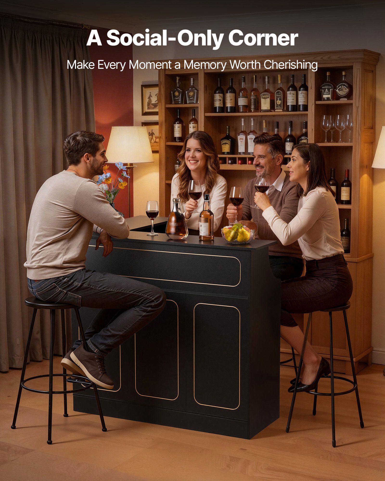VEVOR Mesa de Bar con Estantes 4 Niveles, Mesa de Bistró en Forma de L, con Estantes de Almacenamiento, Soporte para Copas de Vino, Capacidad de 136 kg, para Hogar, Cocina, Sala de Estar, Negro