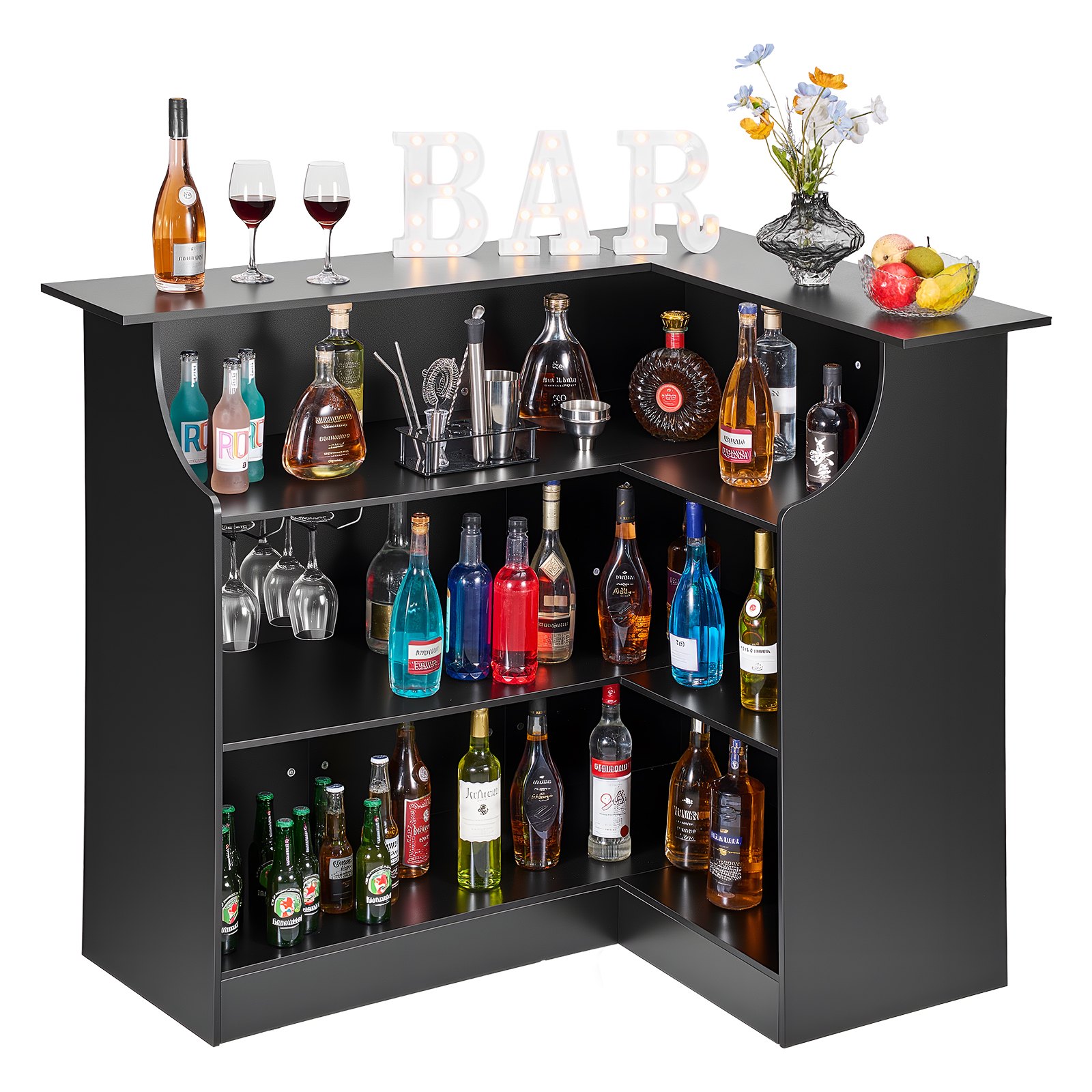 VEVOR Mesa de Bar con Estantes 4 Niveles, Mesa de Bistró en Forma de L, con Estantes de Almacenamiento, Soporte para Copas de Vino, Capacidad de 136 kg, para Hogar, Cocina, Sala de Estar, Negro
