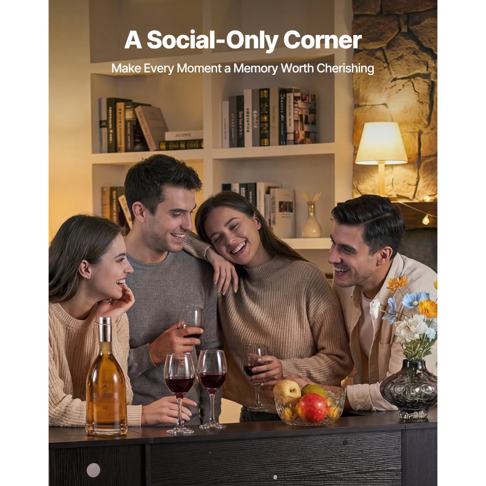 VEVOR Mesa de Bar 4 Niveles, Mesa de Bistró con Cajón, Estantes de Almacenamiento, Soporte para Copas de Vino, Botellero, Luz LED, Capacidad de 181,4 kg, para Hogar, Cocina, Sala de Estar, Negro