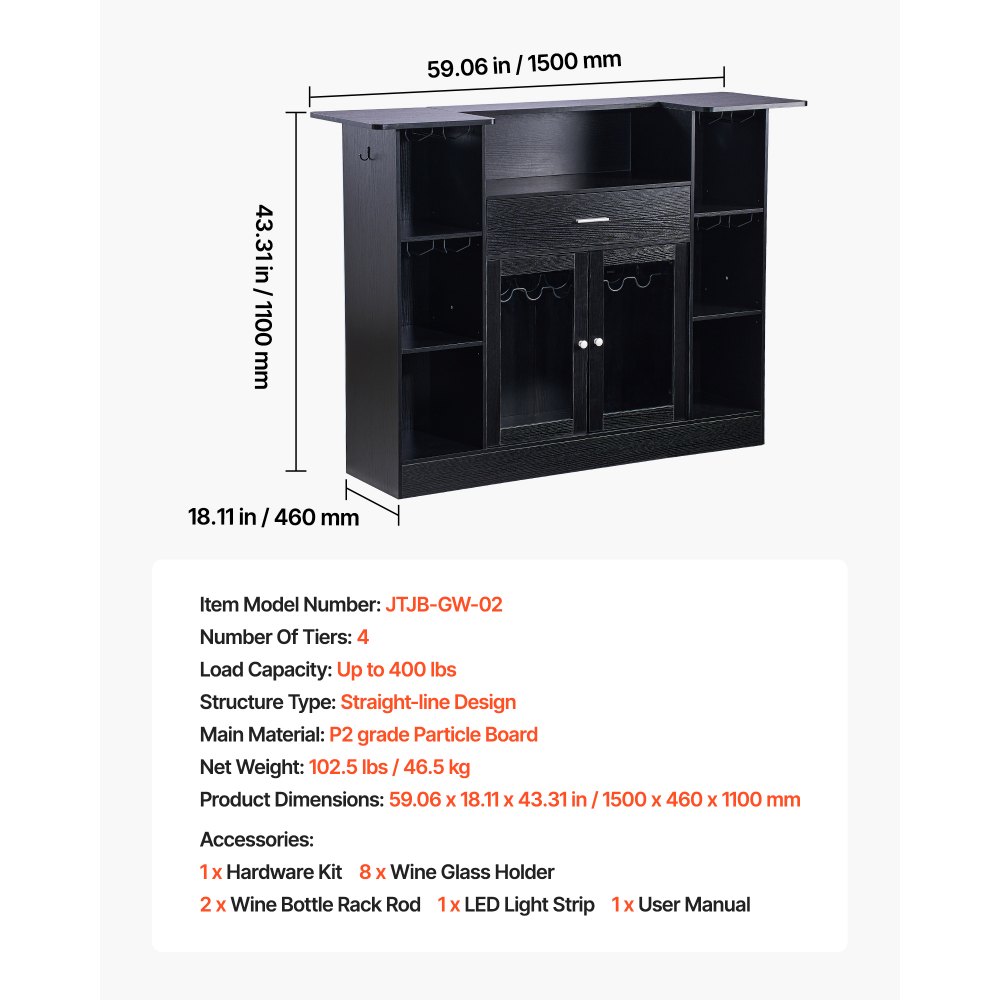 VEVOR Mesa de Bar 4 Niveles, Mesa de Bistró con Cajón, Estantes de Almacenamiento, Soporte para Copas de Vino, Botellero, Luz LED, Capacidad de 181,4 kg, para Hogar, Cocina, Sala de Estar, Negro