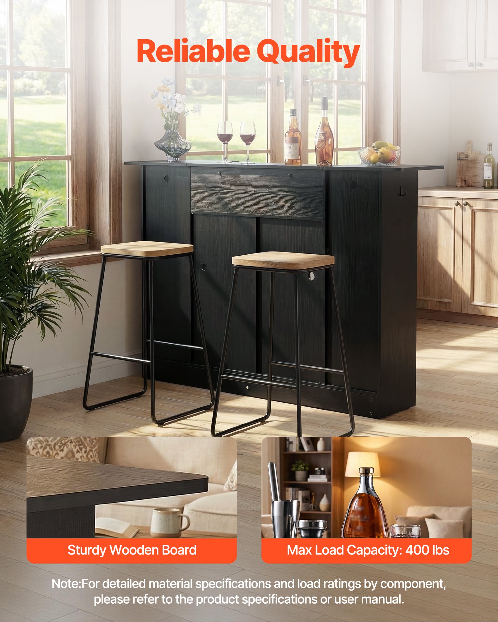 VEVOR Mesa de Bar 4 Niveles, Mesa de Bistró con Cajón, Estantes de Almacenamiento, Soporte para Copas de Vino, Botellero, Luz LED, Capacidad de 181,4 kg, para Hogar, Cocina, Sala de Estar, Negro