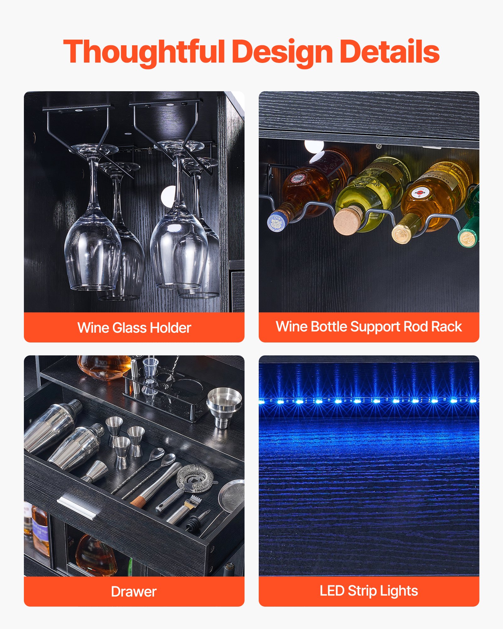 VEVOR Mesa de Bar 4 Niveles, Mesa de Bistró con Cajón, Estantes de Almacenamiento, Soporte para Copas de Vino, Botellero, Luz LED, Capacidad de 181,4 kg, para Hogar, Cocina, Sala de Estar, Negro