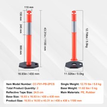 VEVOR Postes de Tráfico 2 Piezas Postes Límites sobre Base de Goma Cono de Tráfico con Tira Reflectante para Control de Tráfico Multitud Sitio de Construcción Estacionamiento, Naranja y Plata