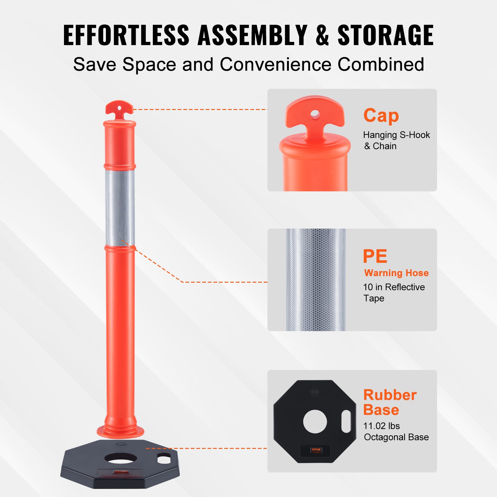 VEVOR Poste de Tráfico 2 Piezas Poste Límite sobre Base de Goma Cono de Tráfico con Tira Reflectante para Control de Tráfico Multitud Sitio de Construcción Estacionamiento Naranja y Plata