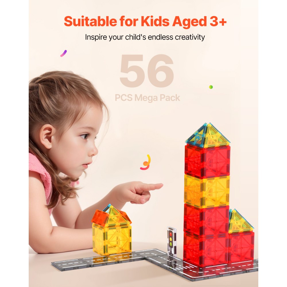 VEVOR 56 PCS Bloques Magnéticos para Construcción de Carreteras para Niños con Bolsa de Almacenamiento, Juguetes Educativos Sensoriales STEM para Apilar, Regalo para Niños de 3 Años en Adelante