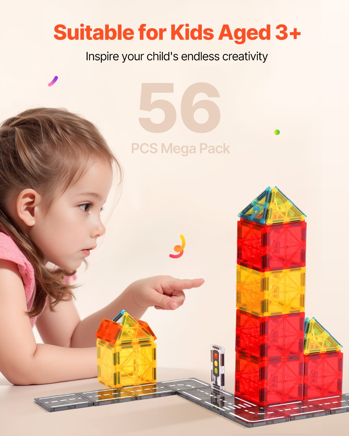 VEVOR 56 PCS Bloques Magnéticos para Construcción de Carreteras para Niños con Bolsa de Almacenamiento, Juguetes Educativos Sensoriales STEM para Apilar, Regalo para Niños de 3 Años en Adelante