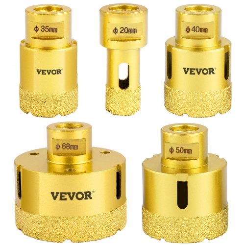 VEVOR Juego de Brocas para Baldosas 5 piezas Diámetro 20 35 40 50 68mm Brocas de Diamante Longitud 60mm Altura del Segmento 15mm Juego de Brocas para Baldosas