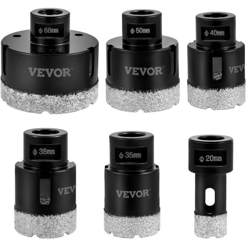 VEVOR Juego de Brocas para Baldosas 6 pcs Diámetro 20/35/38/40/50/68 mm Brocas de Diamante Longitud 60 mm Altura del Segmento 15 mm Juego de Brocas para Perforar Cerámica, Mármol, Mampostería, Granito